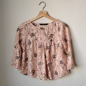 Zara Pink Floral Lace Cropped Blouse